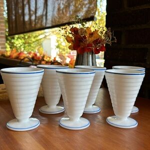 Vintage Hazel-Atlas set/6 white milk glass ribbed cone shaped pedestal desserts